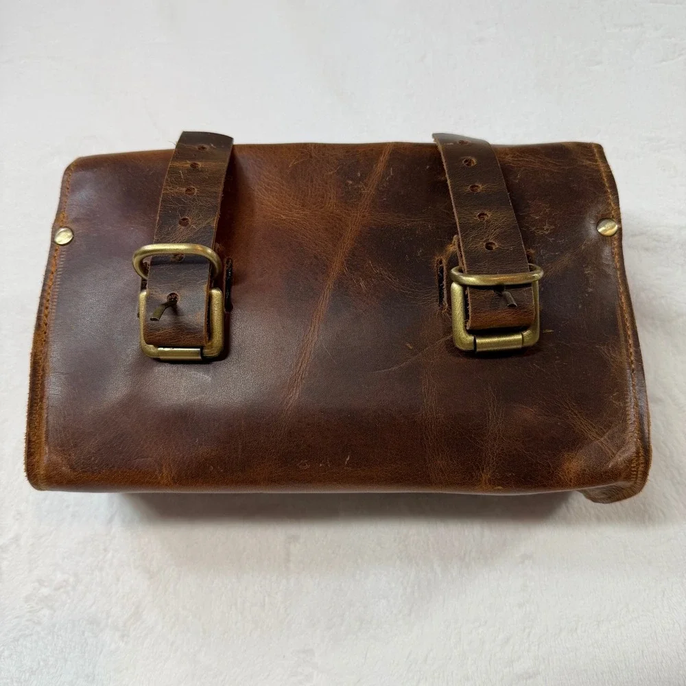 Unbranded Leather Handlebar Tool Bag Brown Good Distressed Buckle Moto Accessory
